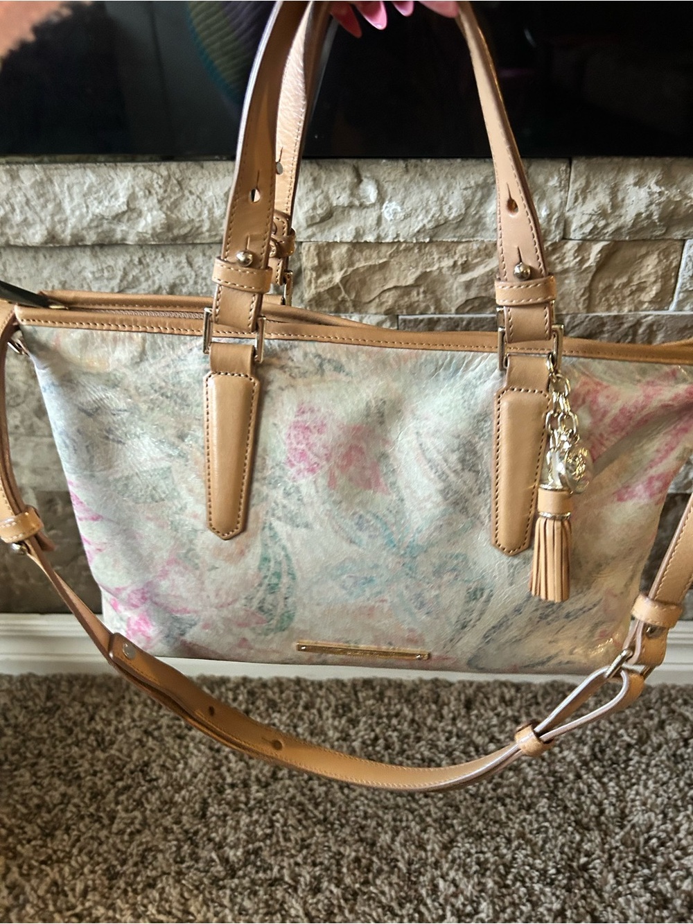 Brahmin Floral Print Crème Talitha Mini Asher Tote Bag with Tan Leather Trim - Picture 5 of 8